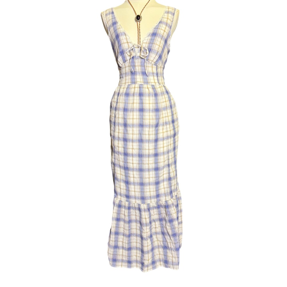 American Eagle Blue Plaid Midi Dress Size S Smocked Waist Tie Front Pockets